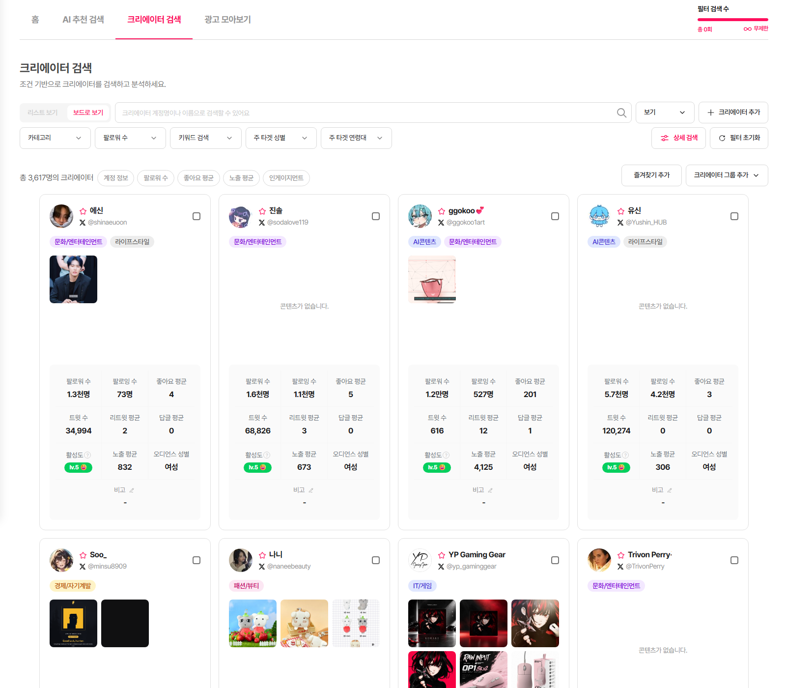 X 크리에이터 검색 보드 보기 - 카테고리·팔로워·키워드·타깃 성별·연령 필터, 팔로워·트윗 수·리트윗 평균·노출 평균·활성도 카드